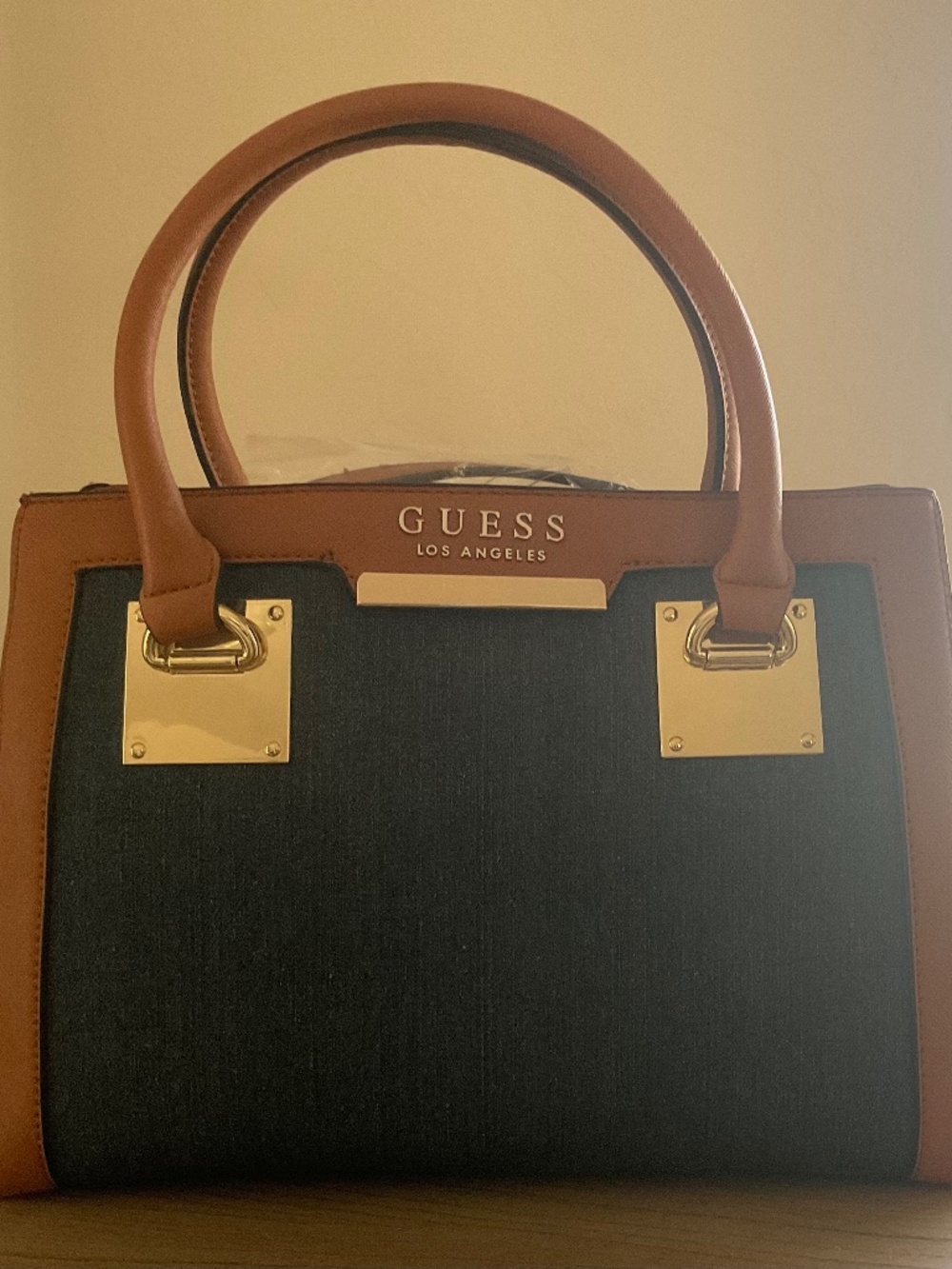 GUESS Los Angeles Denim & Tan multi-compartment Handbag w/strap NWT